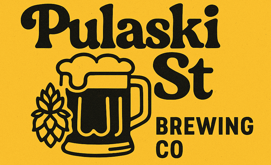 Pulaski St Brewing Co logo in 1970s-style black lettering with a beer mug and hops on a retro mustard-yellow background.